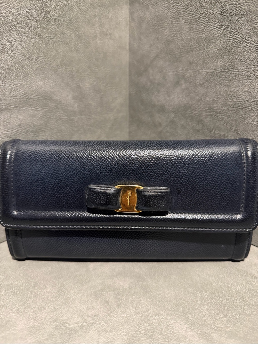 Salvatore Ferragamo Black Leather Vara Bow Clutch Wallet with attached ID holder